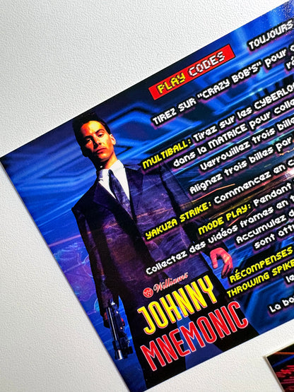 Cartes d'instructions custom apron flipper Williams Johnny Mnemonic 1995 V1