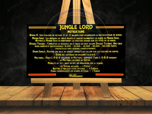 Williams Jungle Lord 1981 Jeu Cartes règles Instructions Flipper Custom Apron