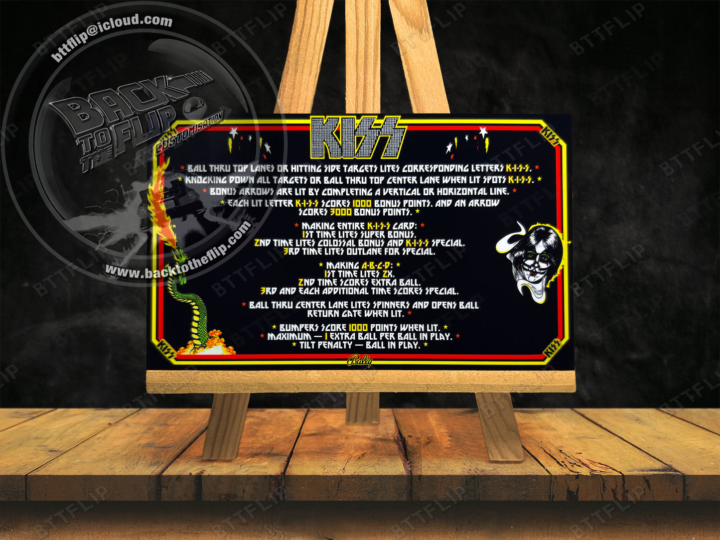 Instrucciones de las tarjetas de juego Bally KISS 1979 Delantal personalizado de pinball con reglas impresas