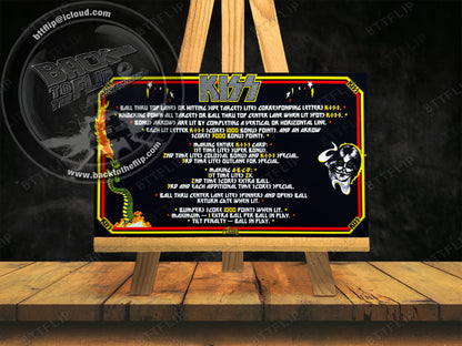 Instrucciones de las tarjetas de juego Bally KISS 1979 Delantal personalizado de pinball con reglas impresas