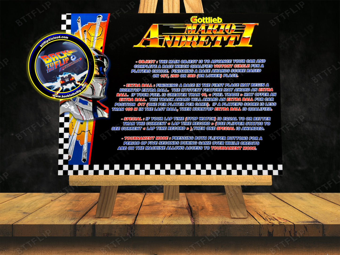 Gottlieb Mario Andretti 1995 Juego Cartas reglas Instrucciones Pinball Custom Delantal