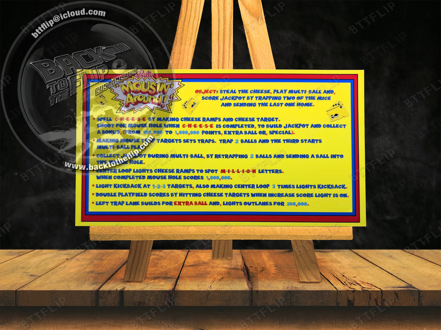 Bally Mousin Around 1989 Game Cards Instructions Pinball Custom Apron Printed Rules