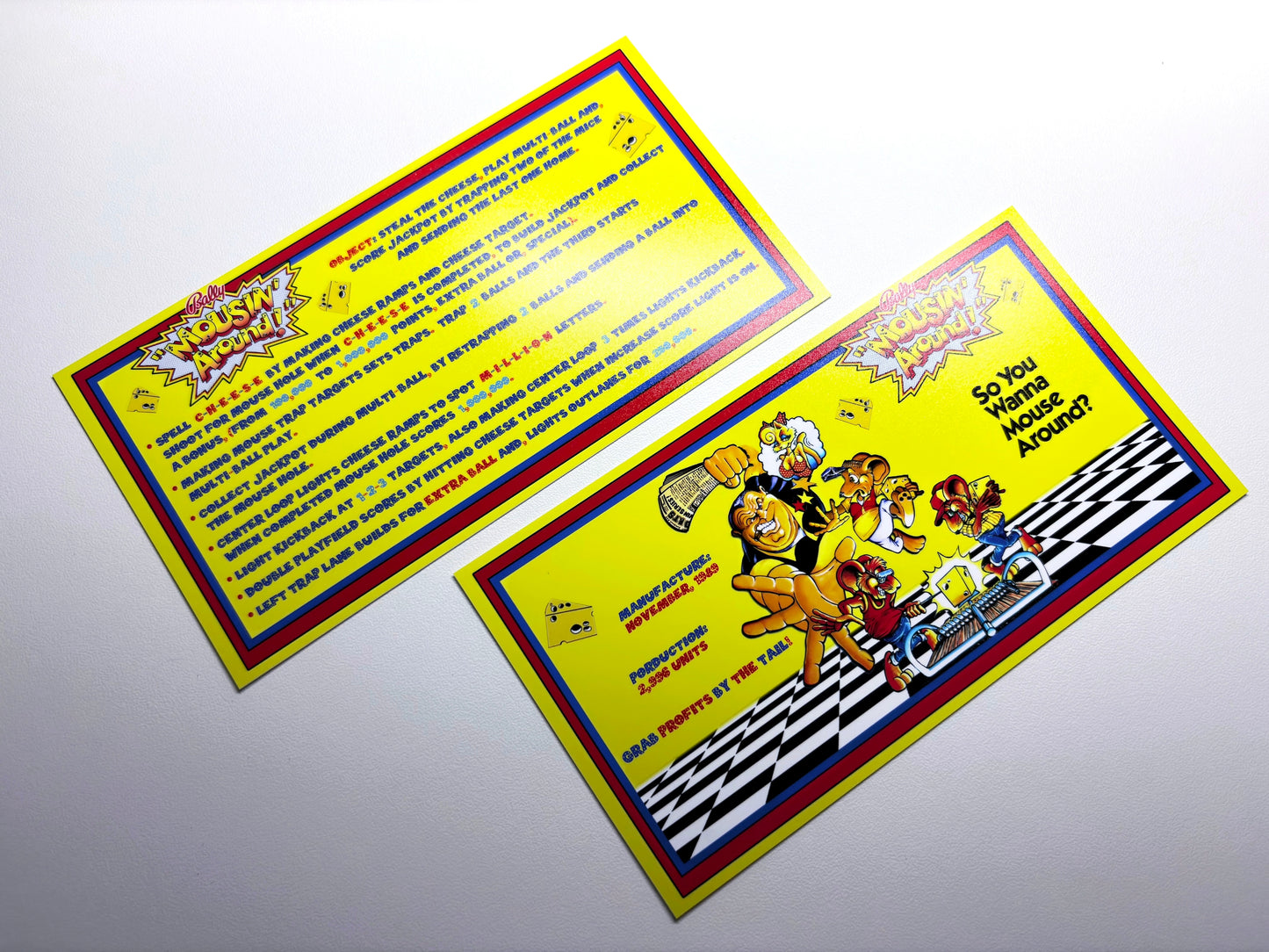 Bally Mousin Around 1989 Game Cards Instructions Pinball Custom Apron Printed Rules