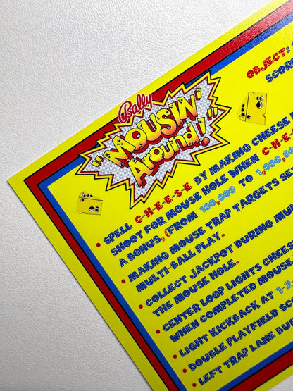 Bally Mousin Around 1989 Game Cards Instructions Pinball Custom Apron Printed Rules