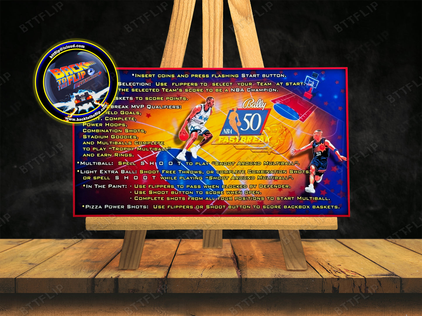 Bally NBA FASTBREAK 1997 Juego Tarjetas reglas Instrucciones Pinball Custom Delantal V2