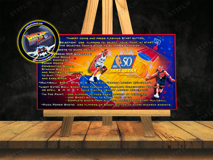 Bally NBA FASTBREAK 1997 Juego Tarjetas reglas Instrucciones Pinball Custom Delantal V2