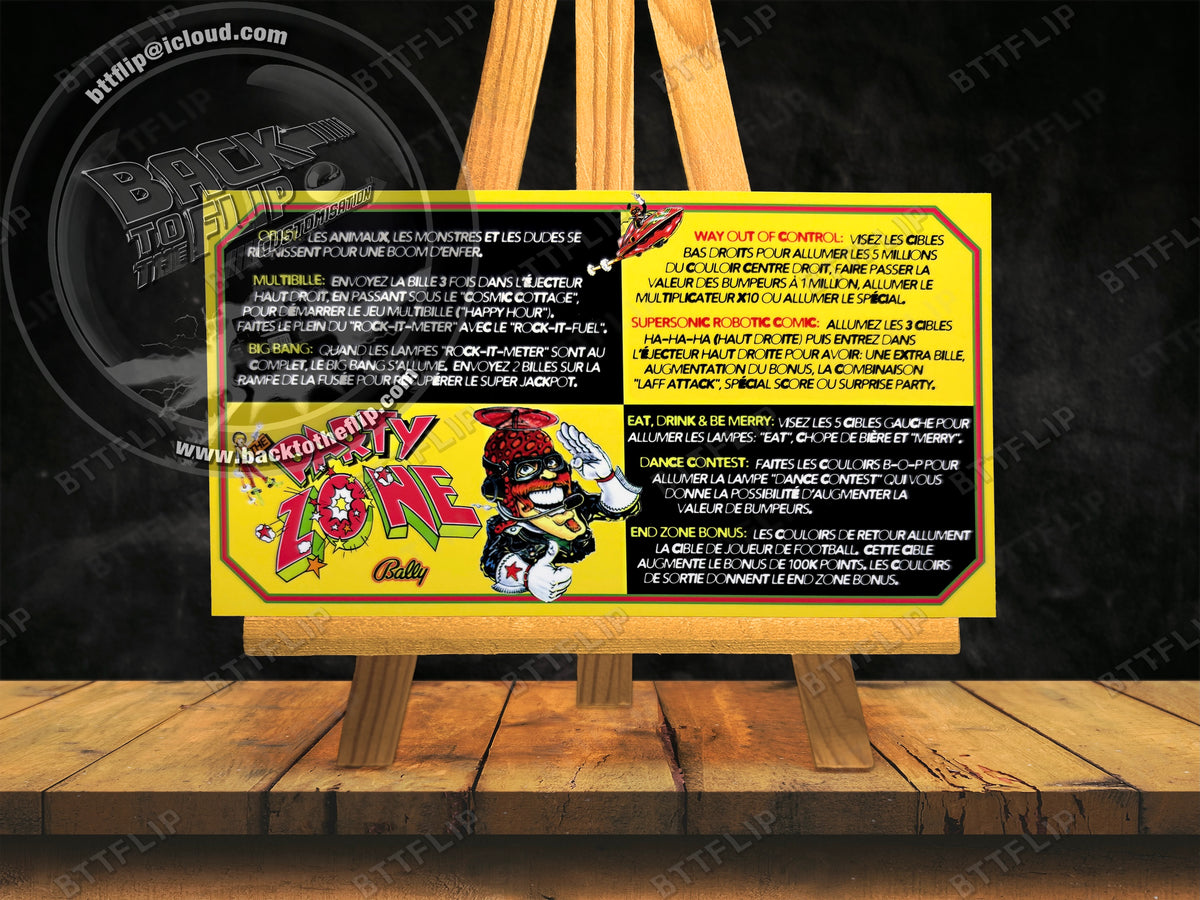 Custom apron instruction cards flipper Bally Party Zone 1991 V2