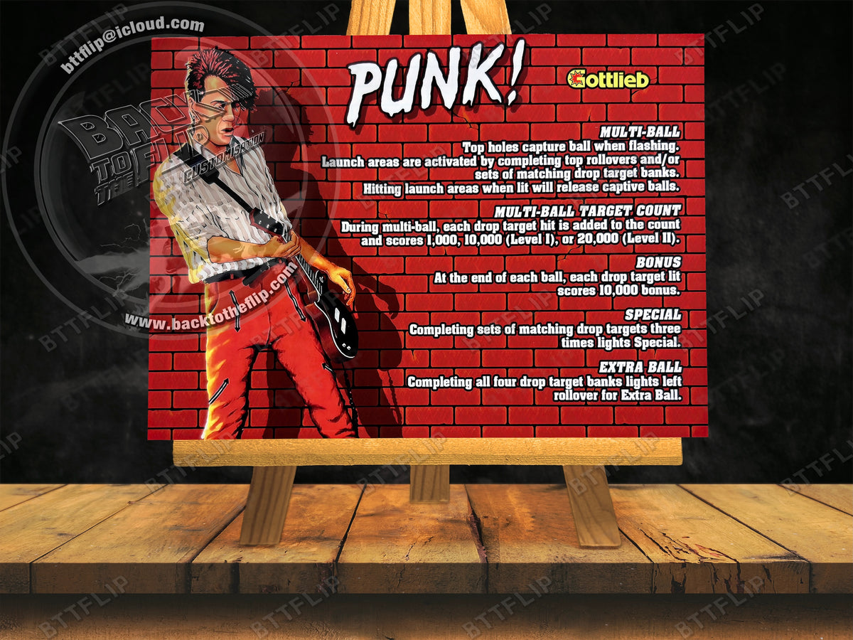Instrucciones de las tarjetas del juego Gottlieb PUNK 1982 Delantal personalizado de pinball con reglas impresas