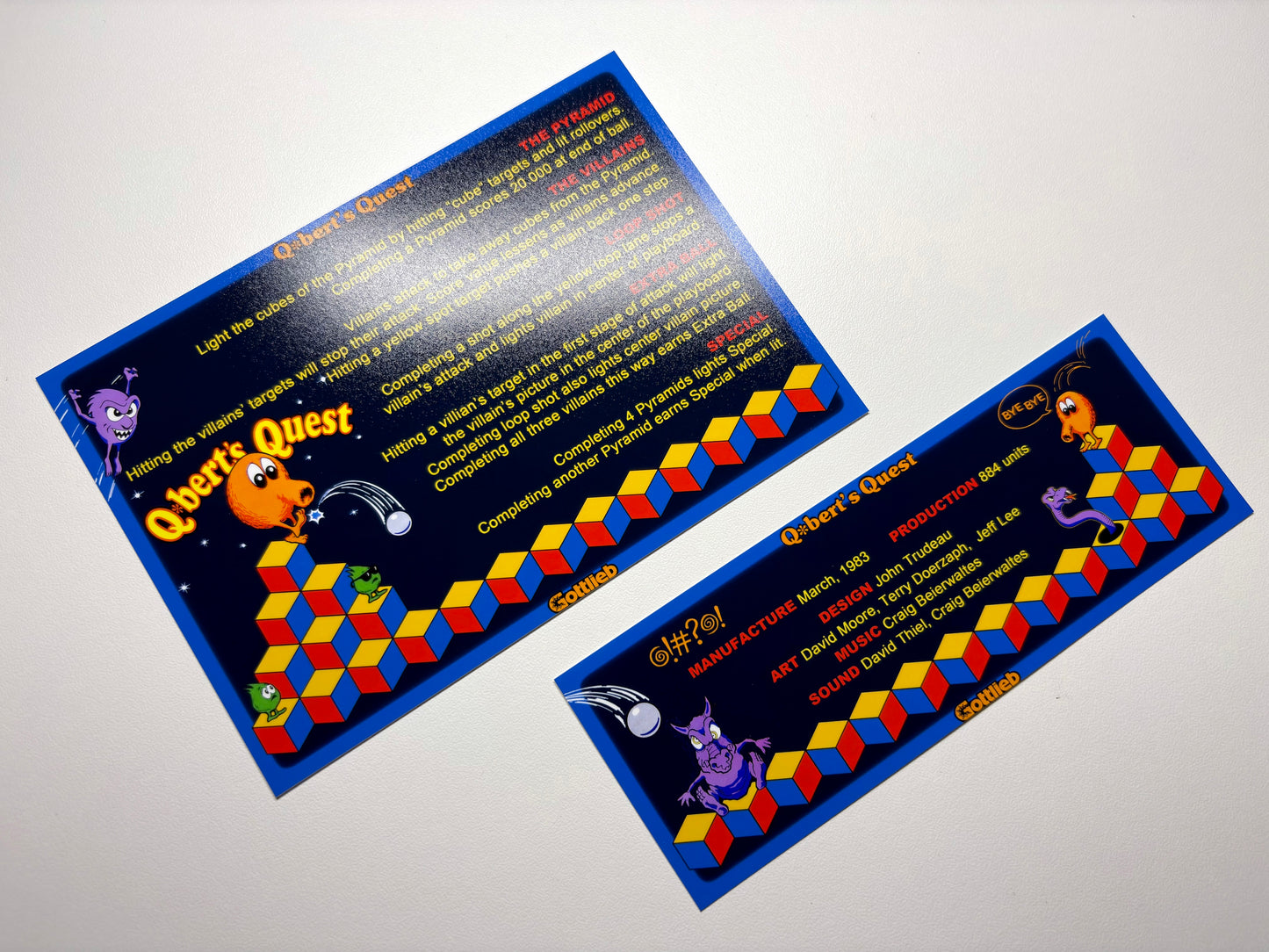Gottlieb Q * Bert's Quest 1983 Juego de cartas Instrucciones Pinball Delantal personalizado Reglas impresas