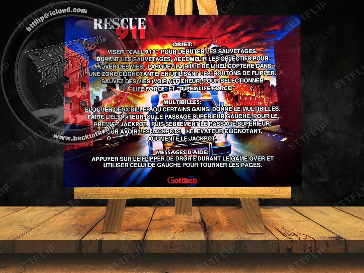 Custom apron instruction cards flipper Gottlieb 1994 RESCUE 911 V1