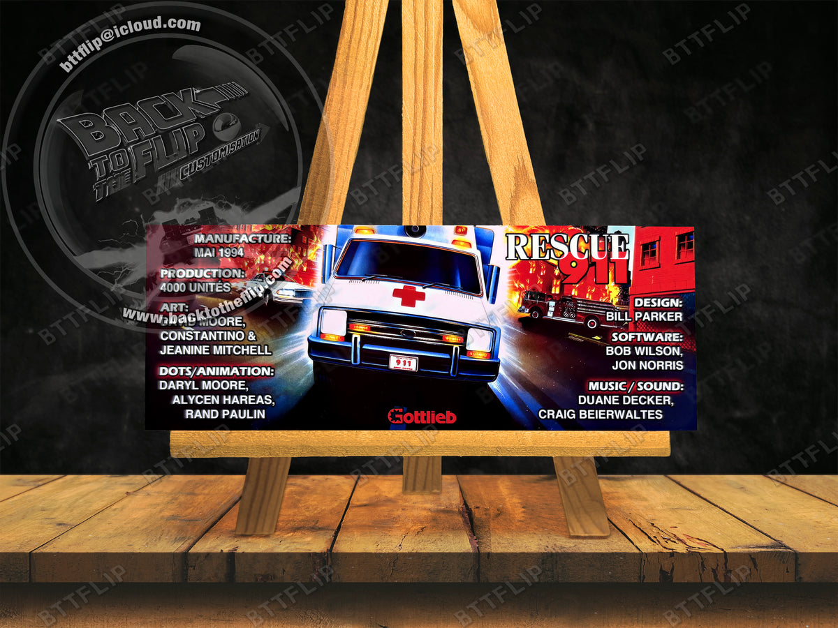 Custom apron instruction cards flipper Gottlieb 1994 RESCUE 911 V1
