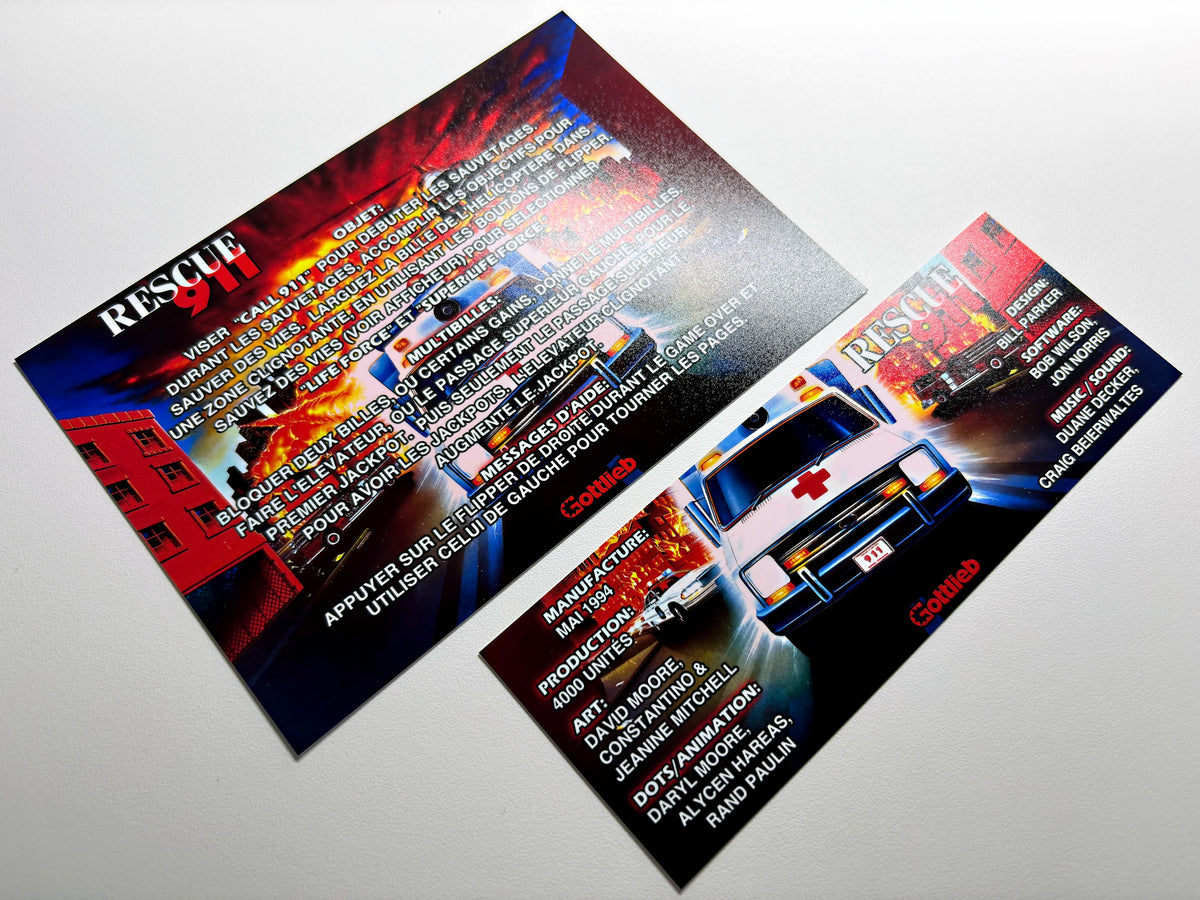 Custom apron instruction cards flipper Gottlieb 1994 RESCUE 911 V1