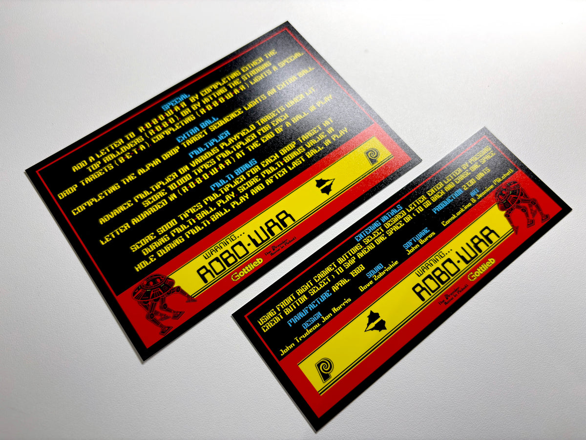 Cartes d'instructions custom apron flipper Gottlieb Robo-war 1988 Robowar (set de 2)