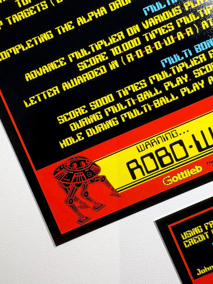 Cartes d'instructions custom apron flipper Gottlieb Robo-war 1988 Robowar (set de 2)