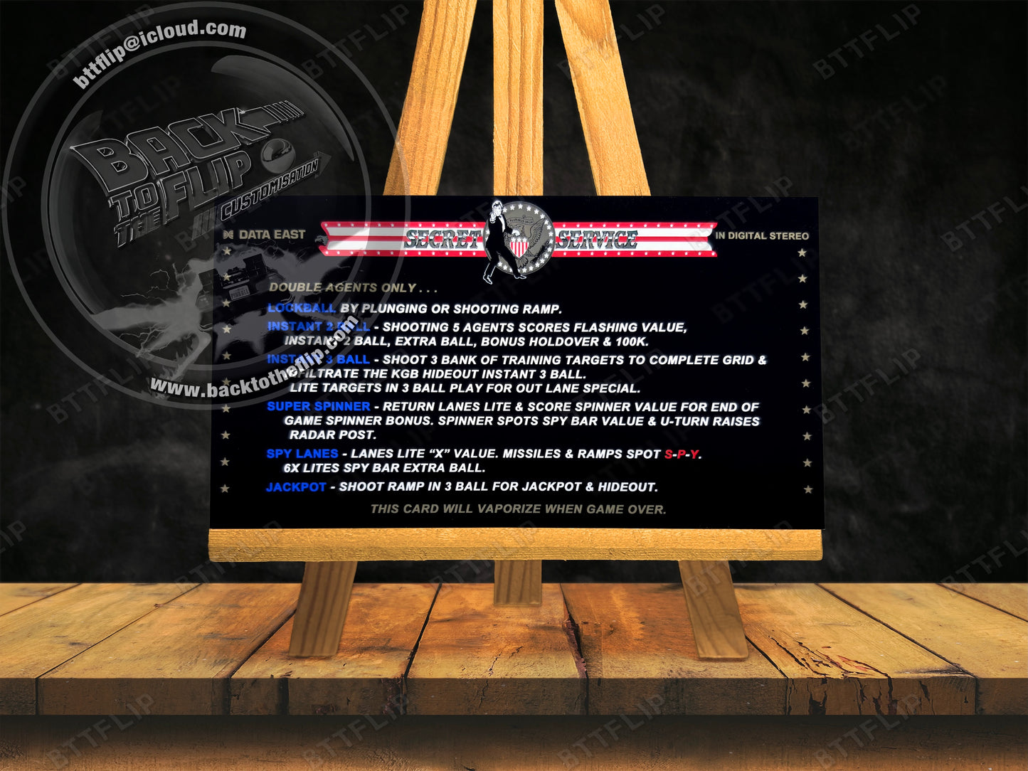 Data East Secret Service 1988 Game Cards Instructions Pinball Custom Apron printed rules