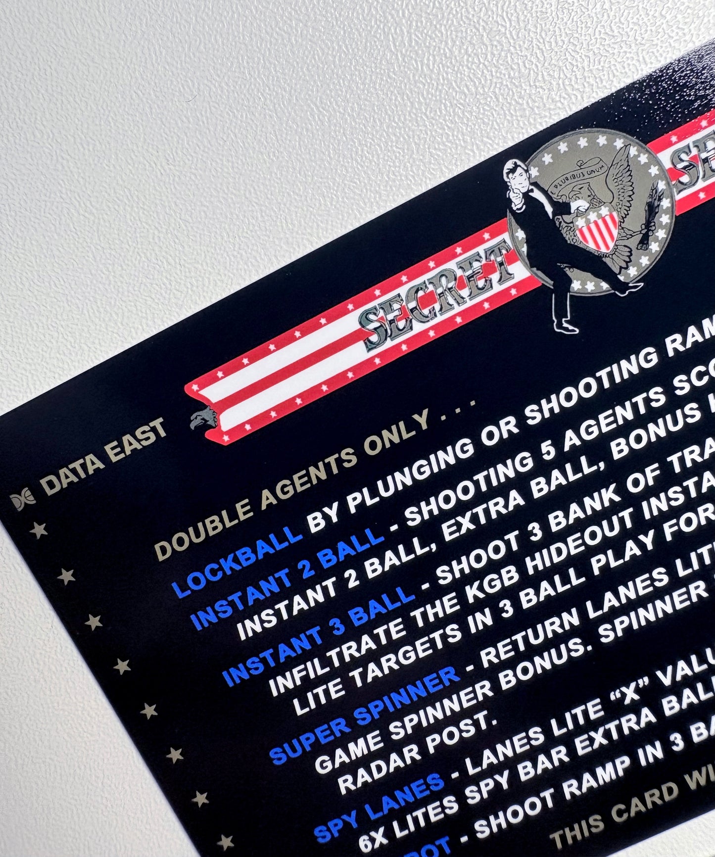Data East Secret Service 1988 Game Cards Instructions Pinball Custom Apron printed rules