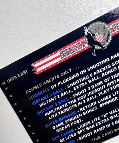 Data East Secret Service 1988 Game Cards Instructions Pinball Custom Apron printed rules
