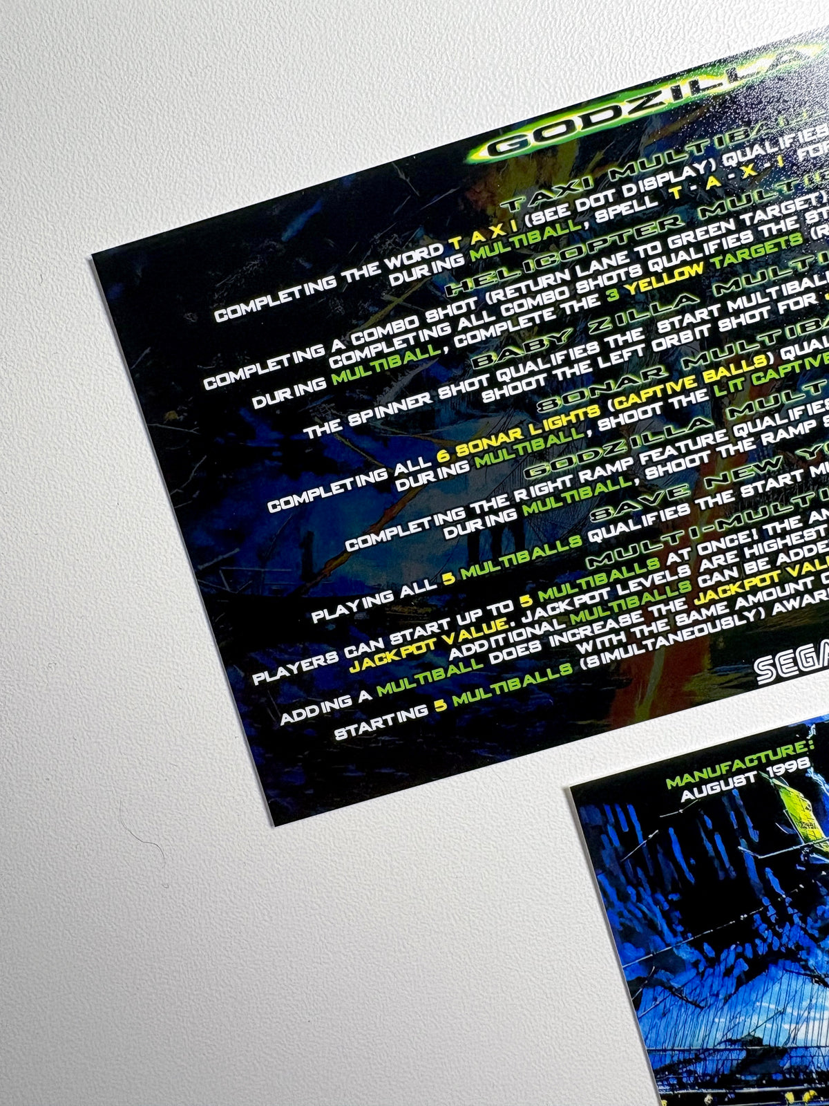 Tarjetas de instrucciones para apron personalizado SEGA GODZILLA 1998 V2 (juego de 2)