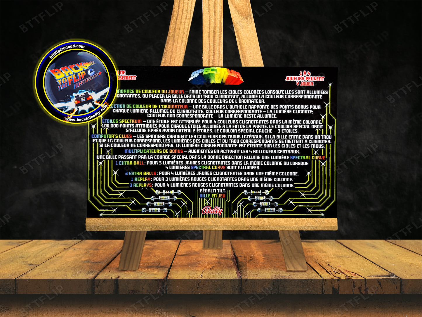 Instrucciones de las tarjetas de juego Bally Spectrum 1982 Pinball Delantal personalizado reglas impresas