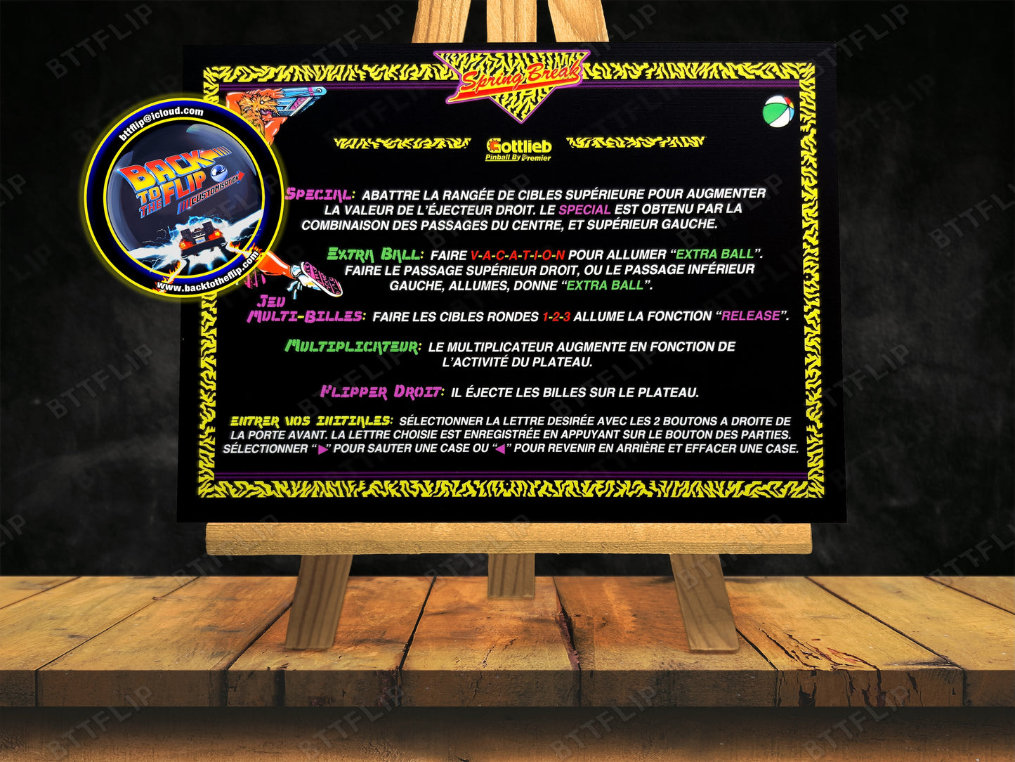 Instrucciones para tarjetas de juego Gottlieb Spring Break 1987, delantal personalizado de pinball, reglas impresas