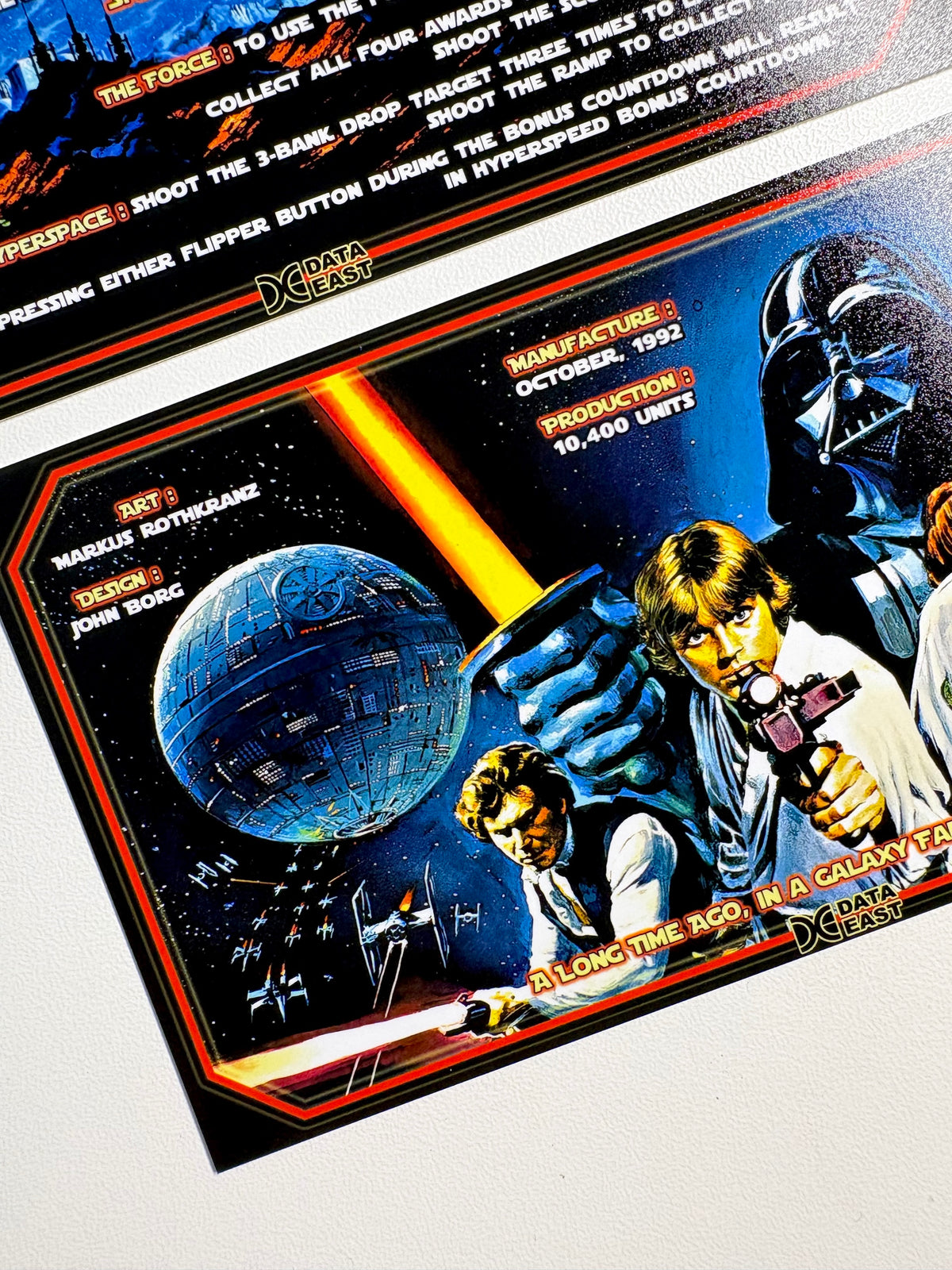 Data East Star Wars 1992 Juego Tarjetas Reglas Instrucciones Flipper Custom Apron V1