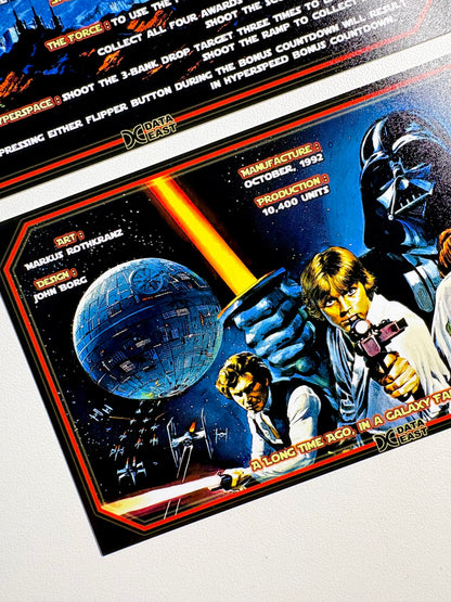 Data East Star Wars 1992 Juego Tarjetas Reglas Instrucciones Flipper Custom Apron V1