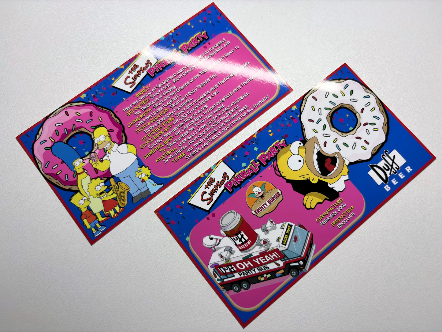 Cartes d'instructions custom apron flipper Stern The Simpsons Pinball Party 2003 (set de 2)