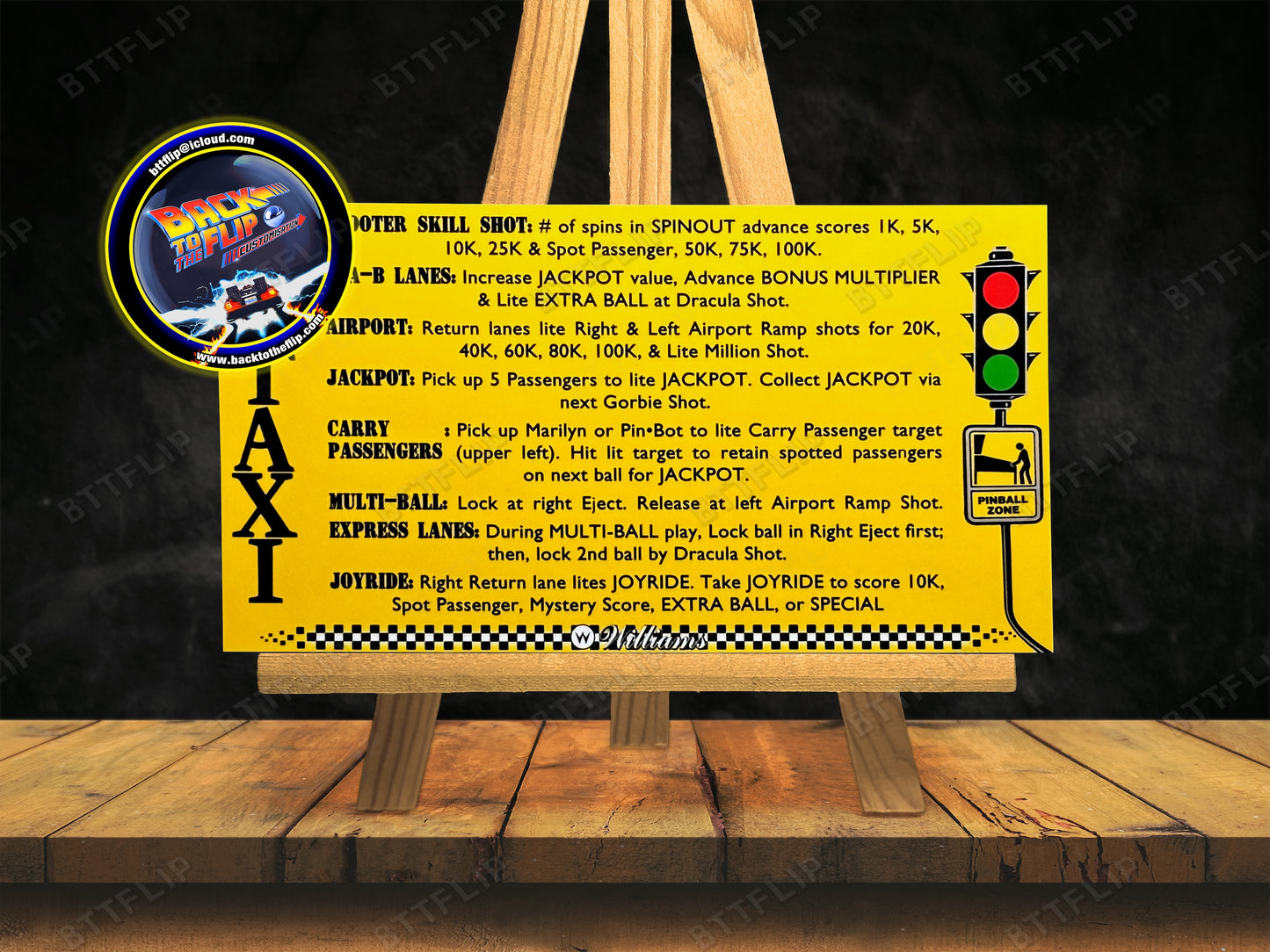 Instrucciones de las tarjetas del juego Williams Taxi 1988, delantal personalizado de pinball, reglas impresas