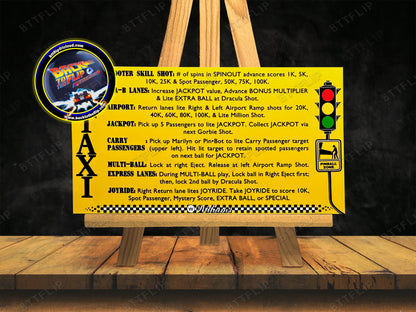Instrucciones de las tarjetas del juego Williams Taxi 1988, delantal personalizado de pinball, reglas impresas