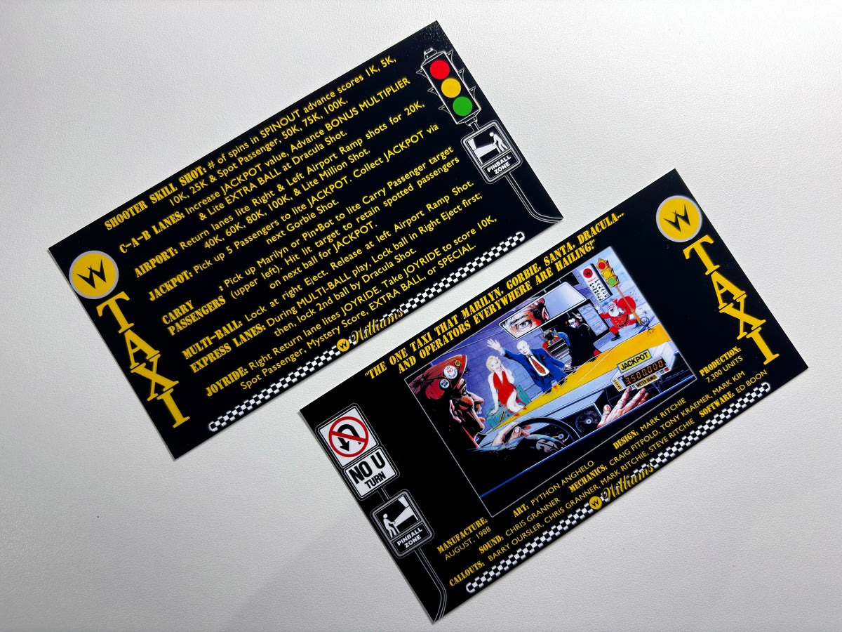 Cartes d'instructions custom apron flipper Williams Taxi 1988 V2