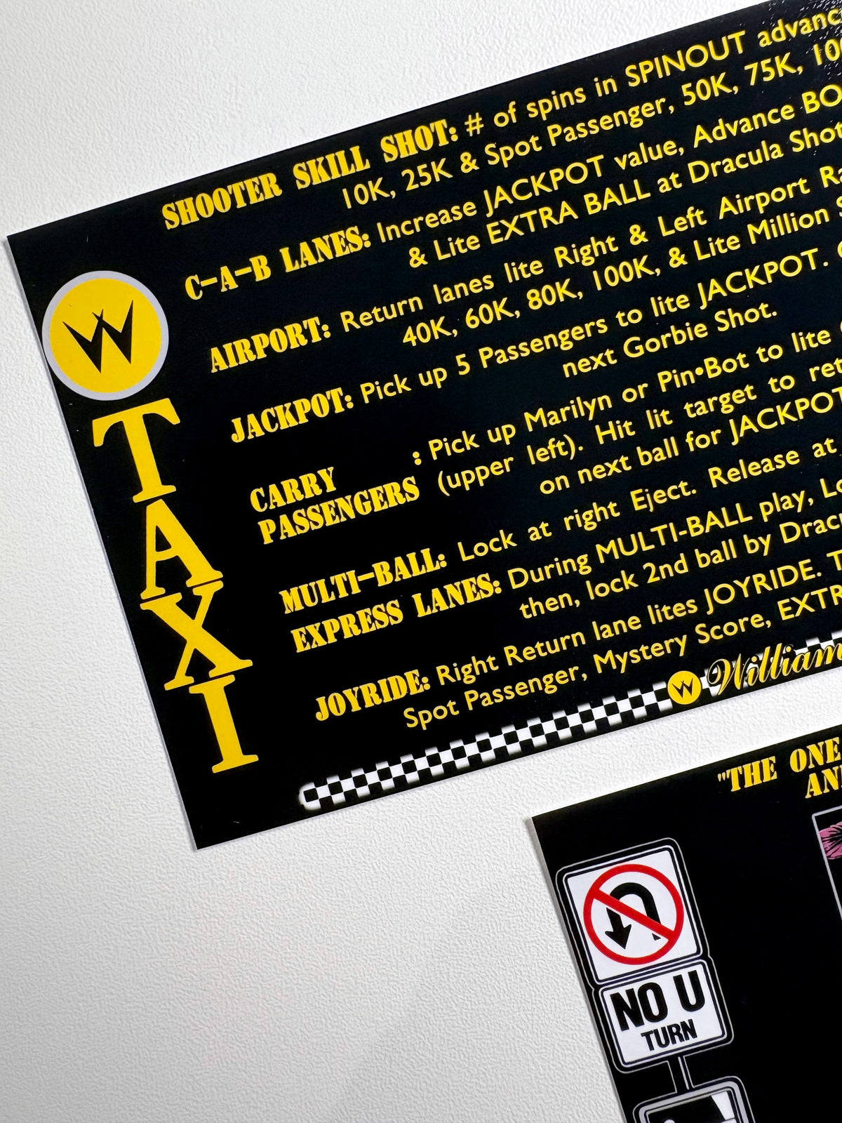 Cartes d'instructions custom apron flipper Williams Taxi 1988 V2