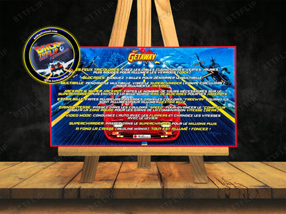 Instrucciones de las tarjetas del juego Williams The Getaway 1992, delantal personalizado de pinball, reglas impresas V1
