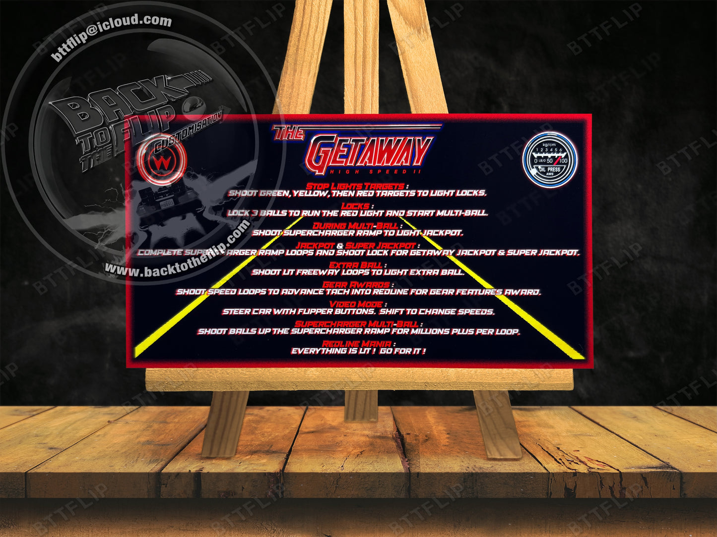 Williams The Getaway 1992 Game Cards Instructions Pinball Custom Apron Printed Rules V2