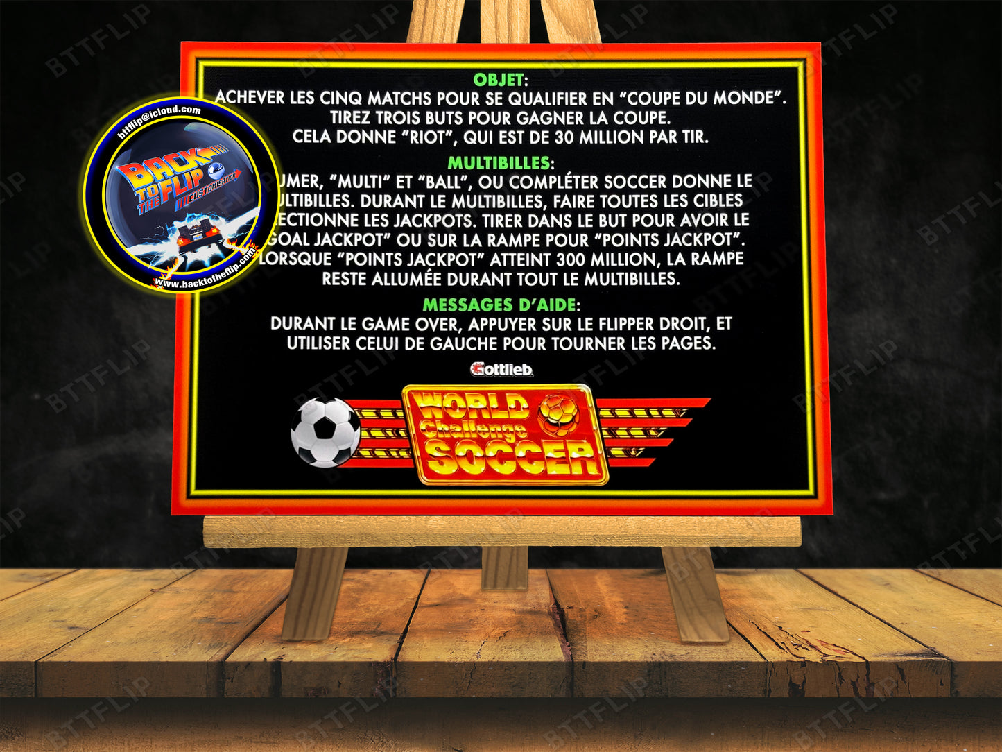 Tarjetas de juego Gottlieb World Challenge Soccer 1994, reglas e instrucciones, delantal personalizado de pinball V1