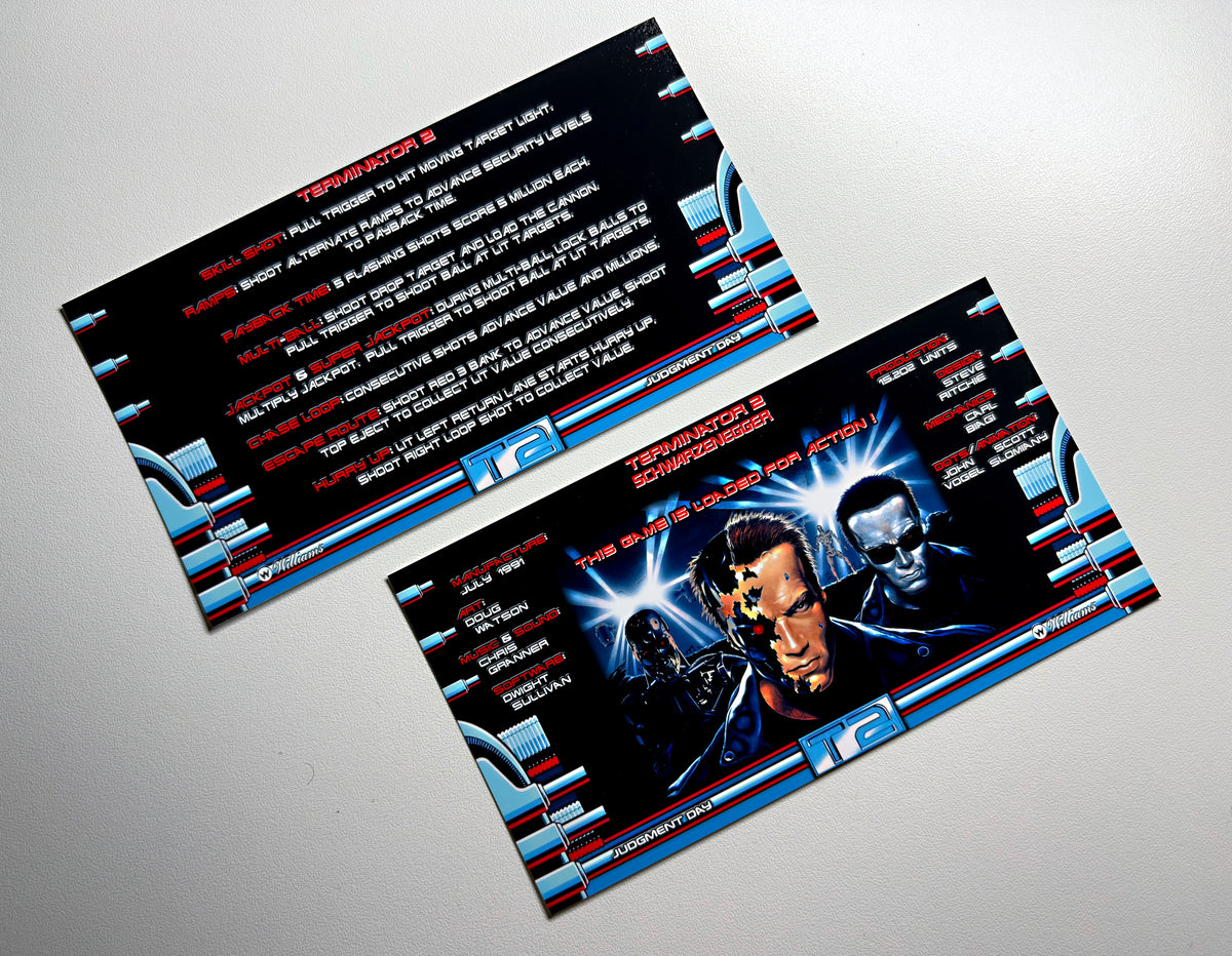 Cartes d'instructions custom apron flipper Williams T2 Terminator 2 1991 V3 (set de 2)