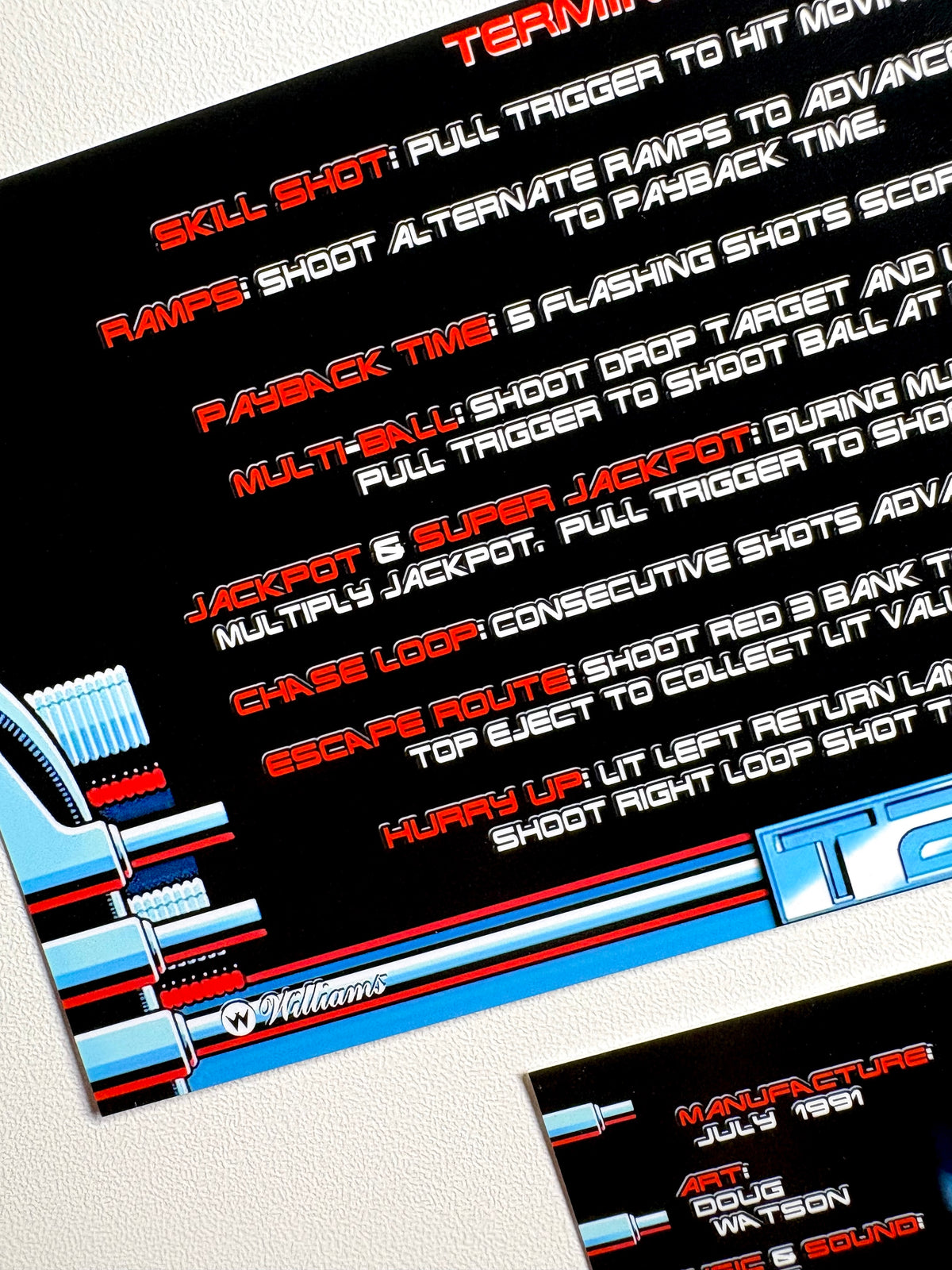 Cartes d'instructions custom apron flipper Williams T2 Terminator 2 1991 V3 (set de 2)