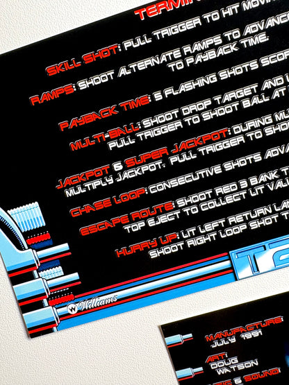Cartes d'instructions custom apron flipper Williams T2 Terminator 2 1991 V3 (set de 2)